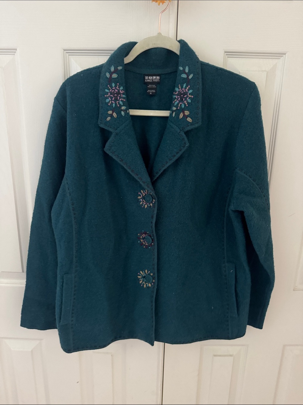 Nomadic Traders Teal Embroidered Wool Cardigan Jacket